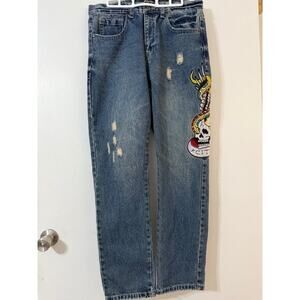 Ed Hardy Blue Denim Men's "New York" Embroidered Distressed Jeans -Size 32